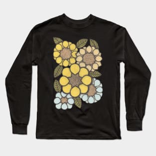 Flower power, blues, yellows and green, retro flowers Long Sleeve T-Shirt